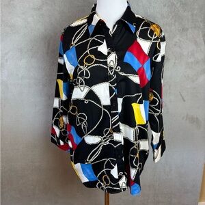 Lauren Ralph Lauren Nautical Flag Print Button Down Blouse Womens L Black Cotton